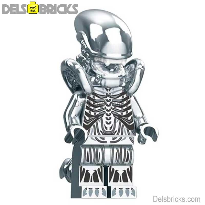 Alien Xenomorph metalic silver Lego Minifigures custom toys - DelsBricks MinifiguresMinifiguresDelsBricks MinifiguresDelsbricks