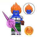 Android 13 Dragon Ball Z minifigure: blue skin, orange hair, silver armor, green pants, pink energy spear, Dragon Ball