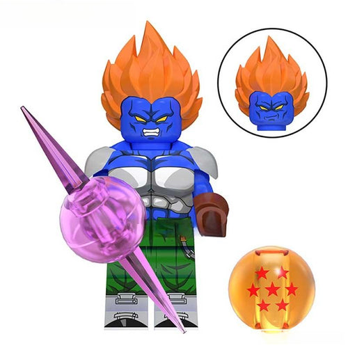 Android 13 Dragon Ball Z minifigure: blue skin, orange hair, silver armor, green pants, pink energy spear, Dragon Ball