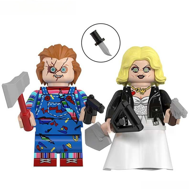 Chucky & Tiffany Bride of Chucky New Horror Lego Minifigures custom Toys - DelsBricks MinifiguresLego Horror MinifiguresDelsBricks MinifiguresDelsbricks.com