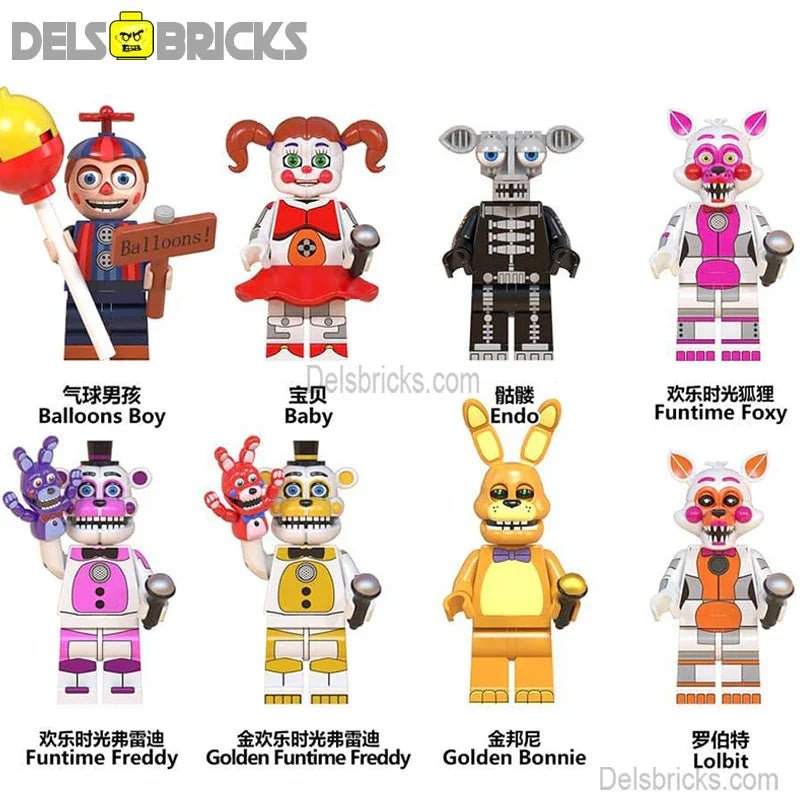 Five Nights At Freddys set of 8 Lego Minifigures custom toys Set2 - DelsBricks MinifiguresLego Horror MinifiguresDelsBricks MinifiguresDelsbricks.com