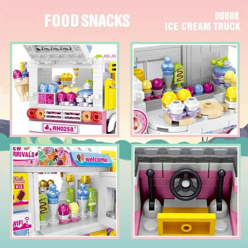 Ice Cream Truck Building Block toys Minifigures Food Trucks Fun for All over 500 Pieces - DelsBricks MinifiguresFood Truck Minifigures brick building toysDelsBricks MinifiguresDelsbricks.com