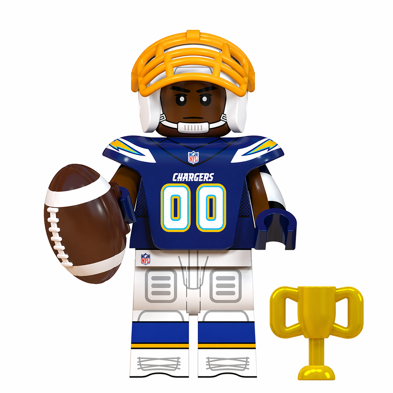 Toy figure of a football player in a Chargers uniform holding a football and a trophy on a white background