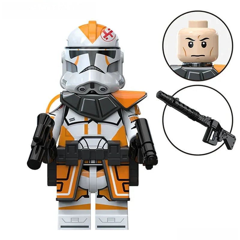 LEGO Star Wars clone trooper figure with helmet, armor, and weapon on a white background