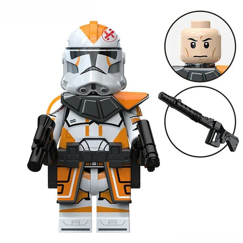 LEGO Star Wars clone trooper figure with helmet, armor, and weapon on a white background